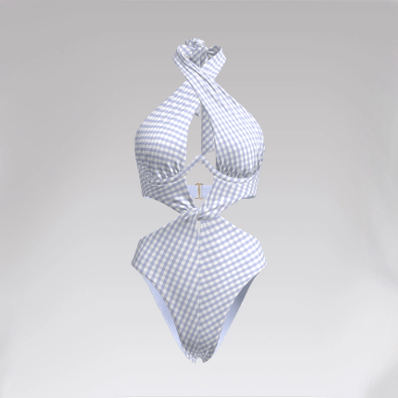 Outpace Custom Women Check Cut-Out Backless Ruched Halterneck One Piece Swimsuits Wholesale