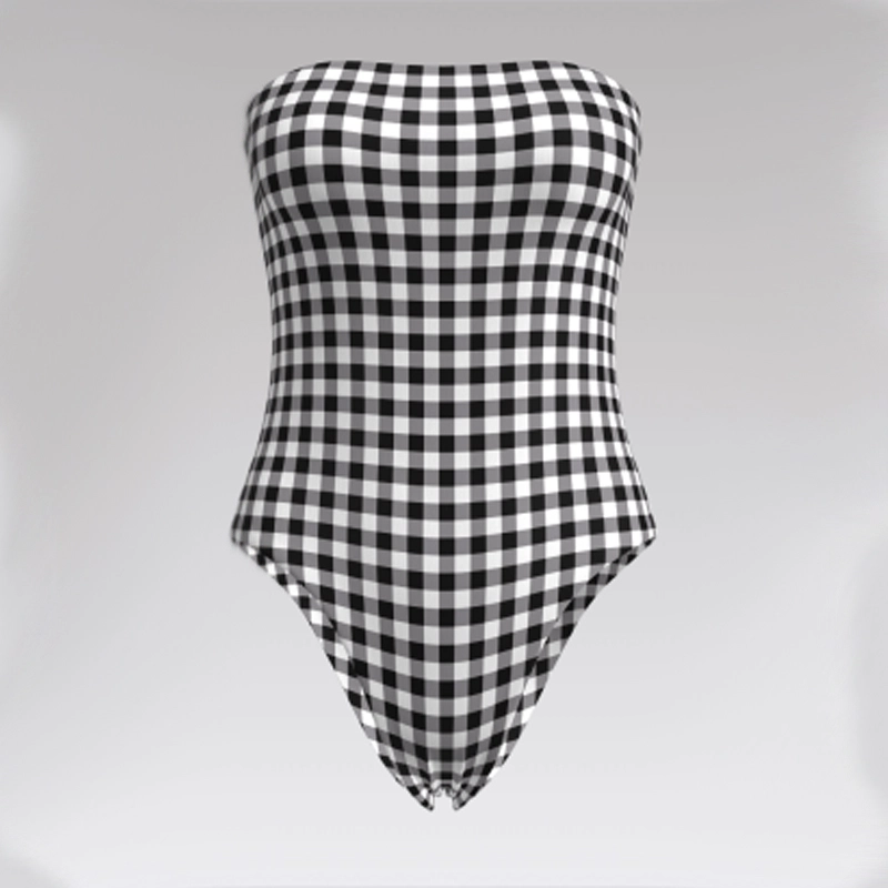 Outpace Custom Women Gingham Check High-Waisted Strapless Wrap One Piece Swimsuit Wholesale