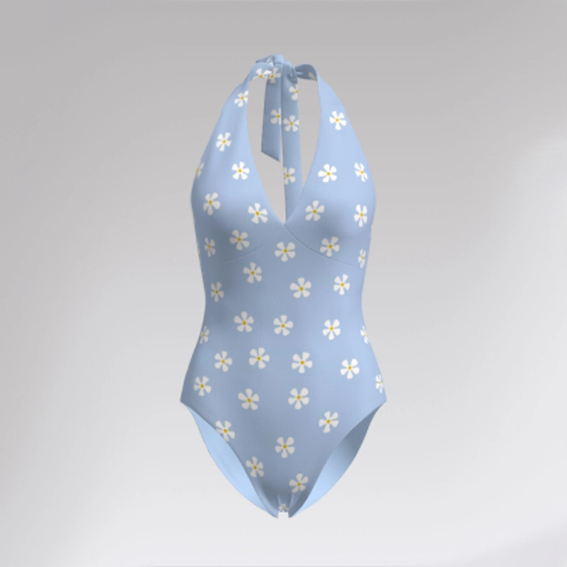 Outpace Custom Women Daisy Print V Neck Monokini Tummy Control Back Tie Up One-Piece Swimsuit Wholesale