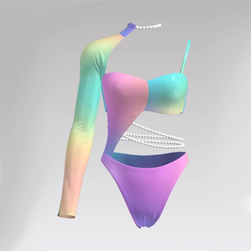 Outpace Custom Women Multicolor Gradient Pearl-Accented Swimwear Single Long Sleeve Cut Out One Piece Swimsuit Wholesale