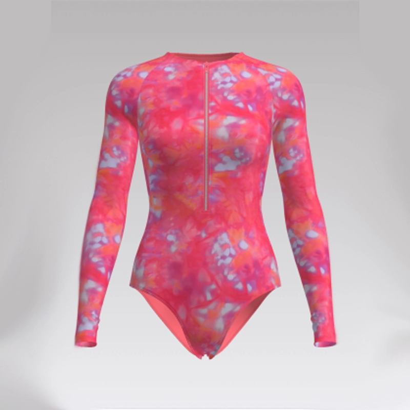 Outpace Custom Women Watercolor Print Long-Sleeve Front Zip Swimwear Tummy Control Full Coverage One-Piece Swimsuit Wholesale