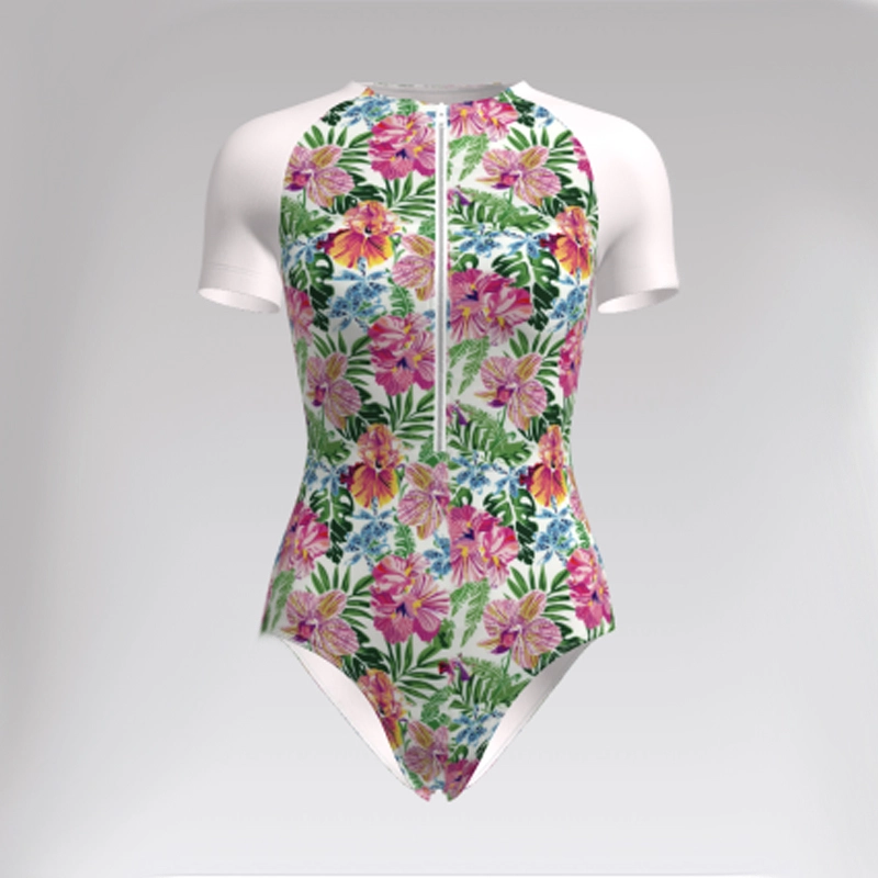 Outpace Custom Women Short Sleeve Floral Print Swimwear Front Zip Full Coverage One-Piece Swimsuit Wholesale