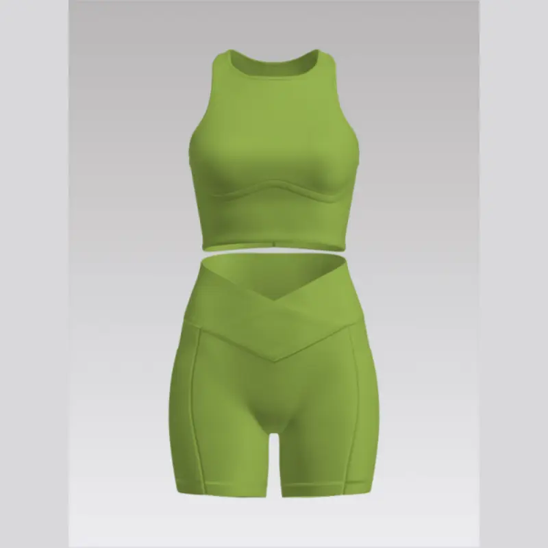 Outpace Custom High Neck Racerback Tank Tops & Crossover High Waisted Shorts with Side Pocket Yoga Set Wholesale