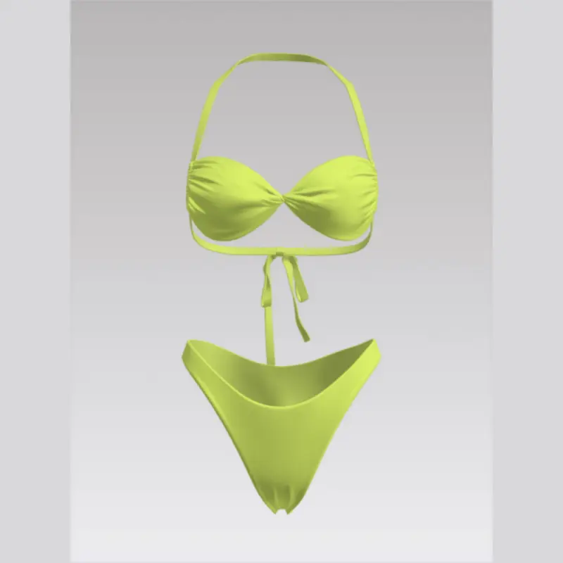 Outpace Custom Women Twist-Front Halter Split Swimsuit Back Tie-Up Top V-Cut Bottom Bikini Set Wholesale