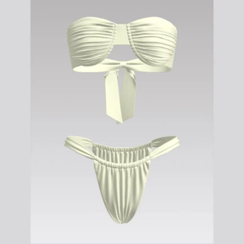 Outpace Custom Women Ruched Front Bandeau Split Swimsuit Back Tie-Up Bikini with Ruched Thong Bottom Set Wholesale