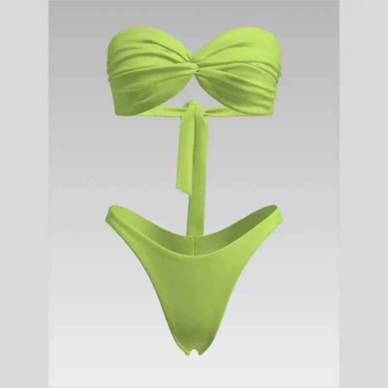 Outpace Custom Women Twist-Front Bandeau Split Swimsuit Back Tie-Up Bikini with Thong Bottom Set Wholesale