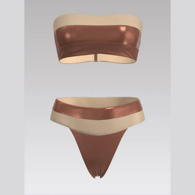 Outpace Custom Women Nude Bandeau Split Swimsuit Satin Finish Thong Underwire Bikini Set Wholesale