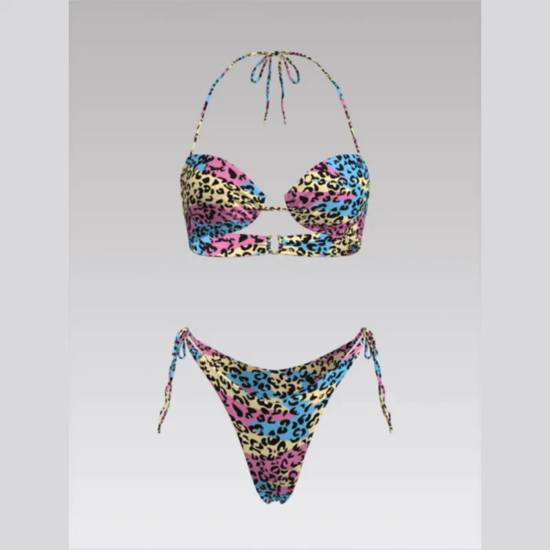 Outpace Custom Women Multicolor Leopard Print Halter Split Swimsuit Adjustable Side-Ties V-Cut Bottom Bikini Set Wholesale