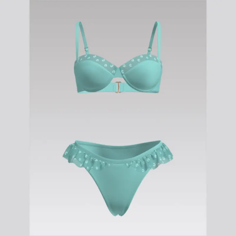 Outpace Custom Women Embroidered Floral Underwire Split Swimsuit Ruffled Thong Bikini Set Wholesale