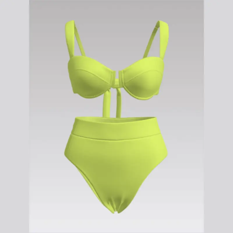 Outpace Custom Women Rib Lace-Up Underwire Push Up Back Tie Split Swimsuit High Waisted Bikini Set Wholesale